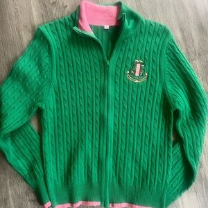 “Calling All AKA Sorority Members” Green Cable Knit Zip Cardigan with Crest